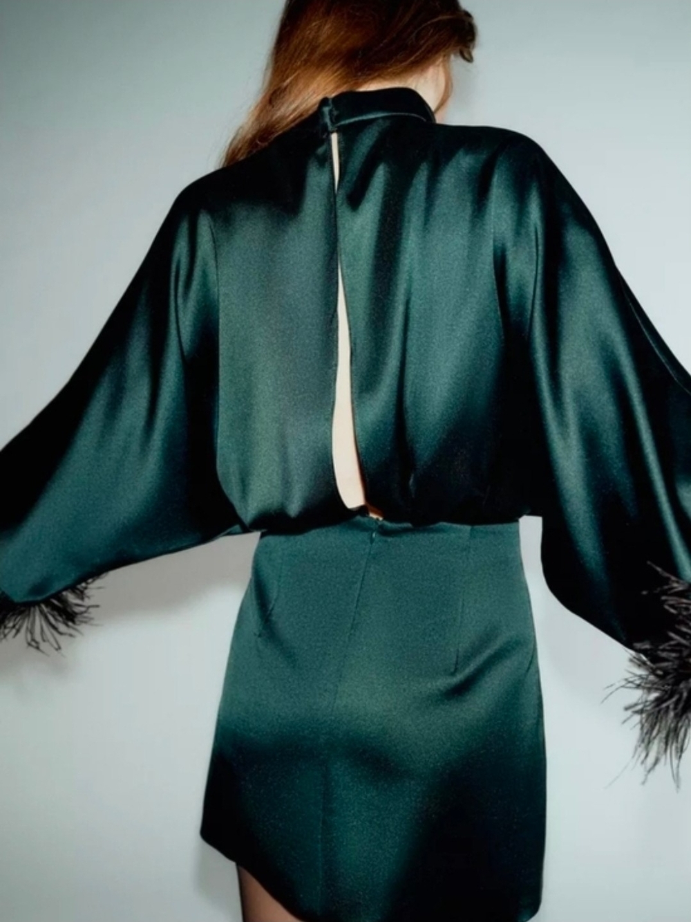 Zara Forest Green Satin Mini Dress with Feather Cuffs - Picture 4 of 8